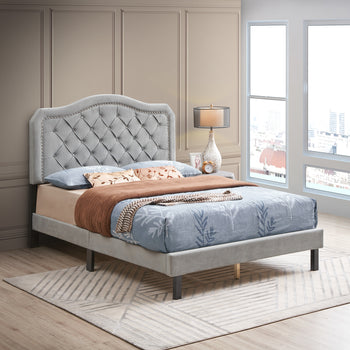 Upholstered Bed Button Tufted with Curve Design - Strong Wood Slat Support - Easy Assembly - Gray Velvet - platform bed - Queen - Deals Kiosk