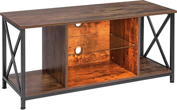 TV Stand for TV up to 50 Inch, TV Cabinet with Tempered Glass Shelf, 42'' TV Console with X Shape Metal Frame, Industrial Entertainment Center with Open Storage for Living Room, Rustic Brown - Deals Kiosk