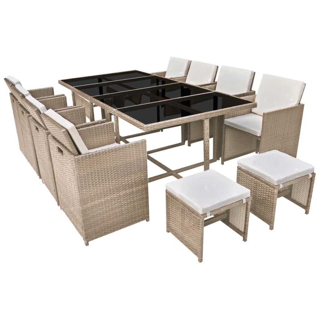 13 Piece Outdoor Dining Set with Cushions Poly Rattan Beige - Deals Kiosk