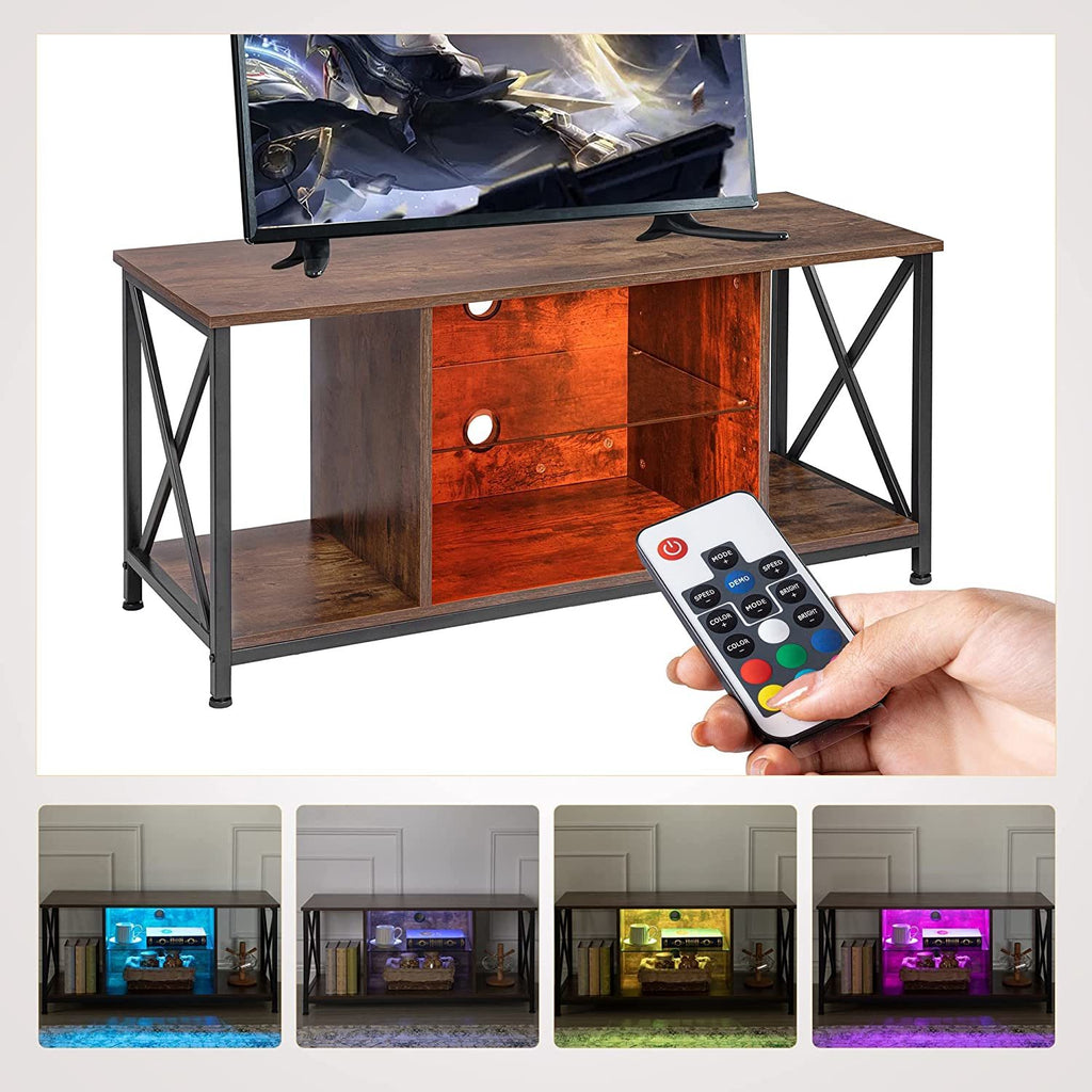 TV Stand for TV up to 50 Inch, TV Cabinet with Tempered Glass Shelf, 42'' TV Console with X Shape Metal Frame, Industrial Entertainment Center with Open Storage for Living Room, Rustic Brown - Deals Kiosk