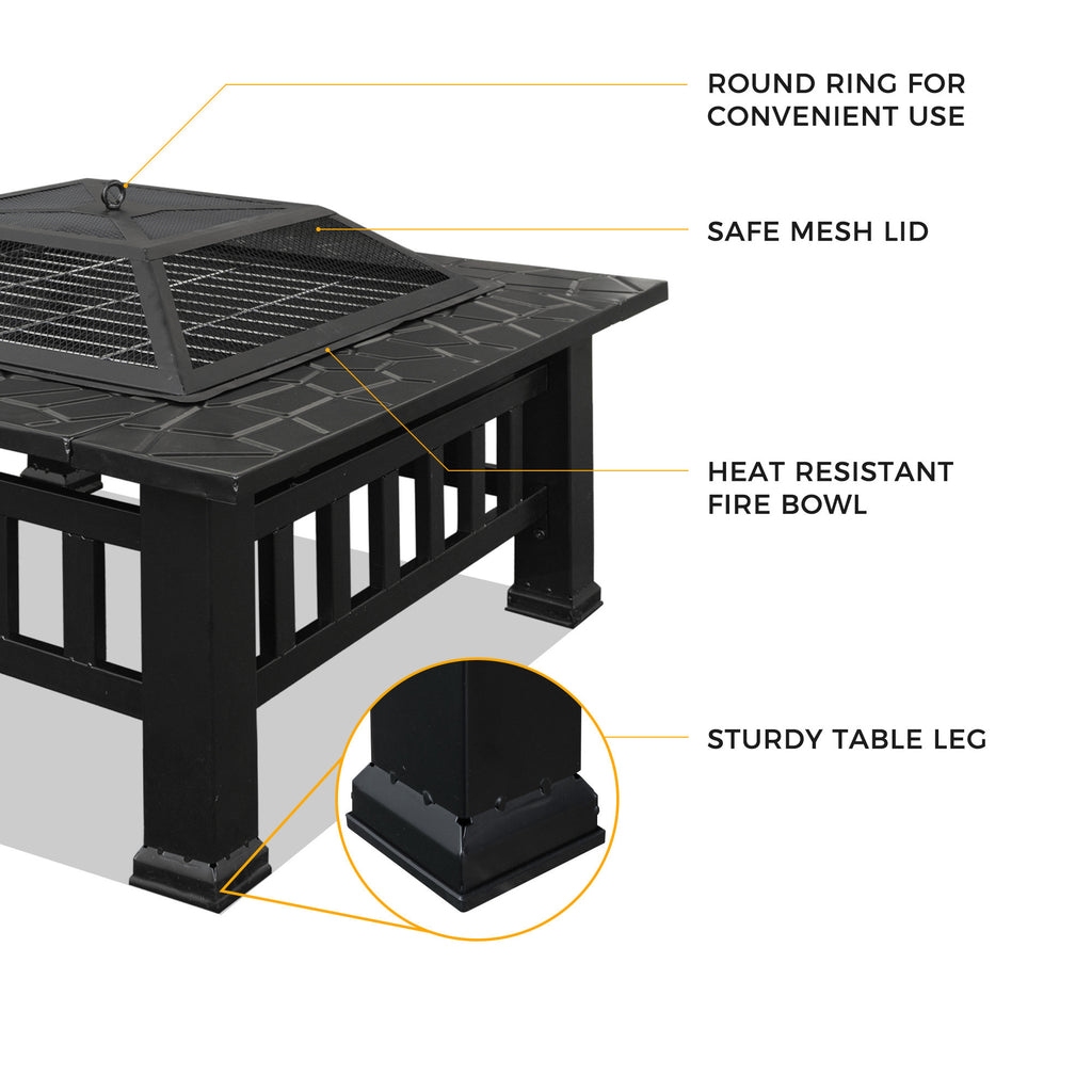 32in 3 in 1Multifunctional Fire Pit Table  Metal Square Patio Firepit Table BBQ Garden Stove with Spark Screen, Cover, Log Grate and Poker for Warmth, BBQ and Cooling Drinks XH - Deals Kiosk