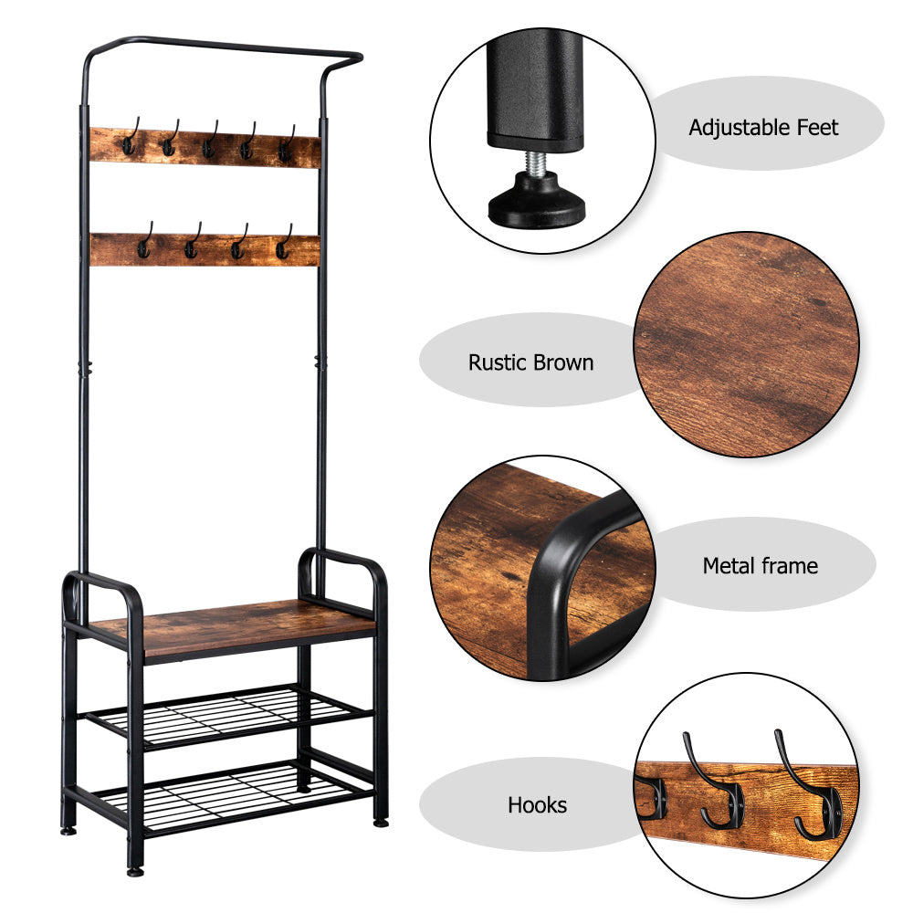 Industrial Vintage Coat Rack Shoe Bench, Hall Tree Entryway Storage Shelf, 3 in 1 Design RT - Deals Kiosk