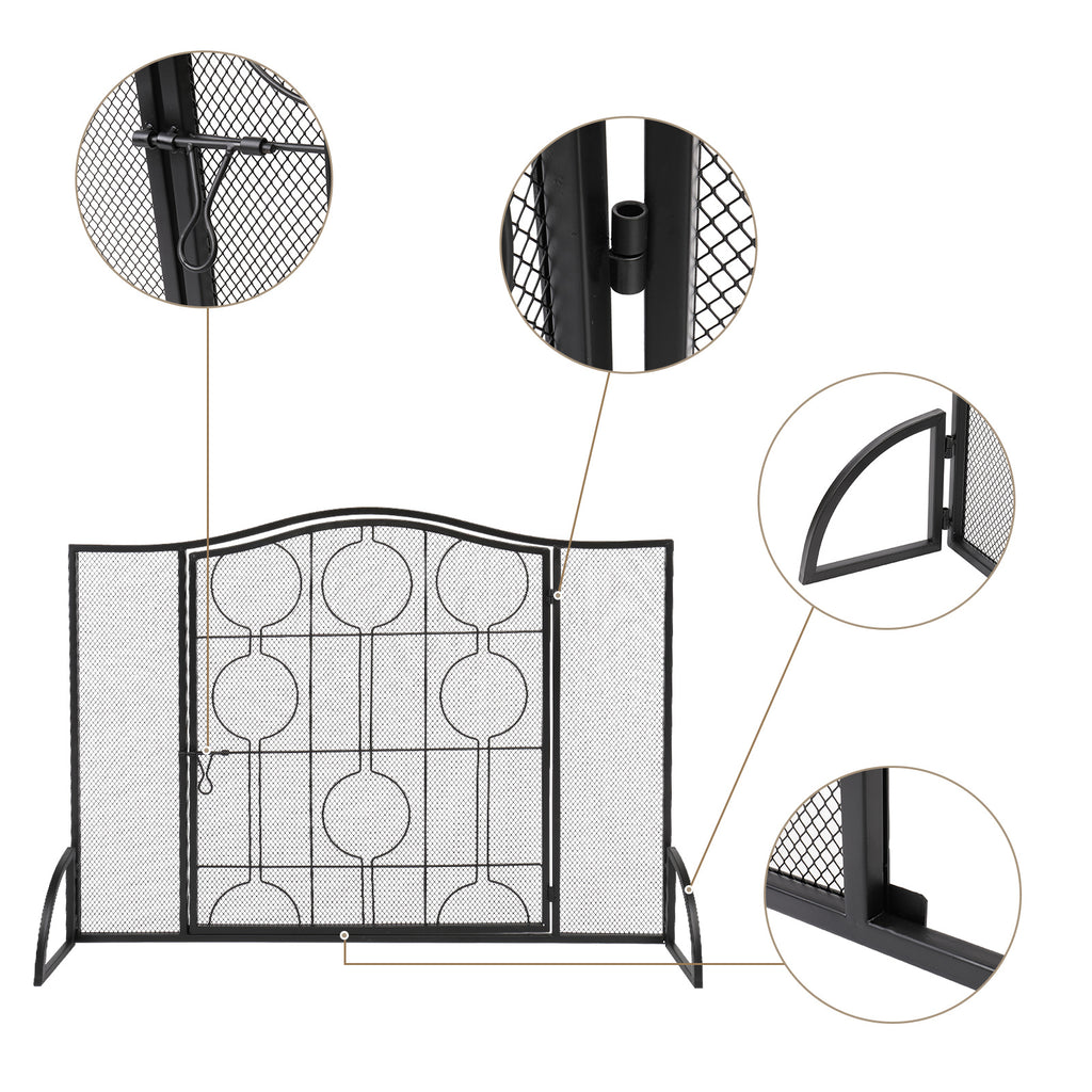 40x29in Mesh Fireplace Screen with Single Door, Wrought Iron Panel Fire Spark Guard Gate Safety Protector (Black) - Deals Kiosk