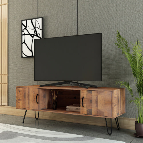 TV Media Stand, 60 inch Wide , Modern Industrial, Living Room Entertainment Center, Storage Shelves and Cabinets, for Flat Screen TVs up to 65 inches in Natural - Deals Kiosk