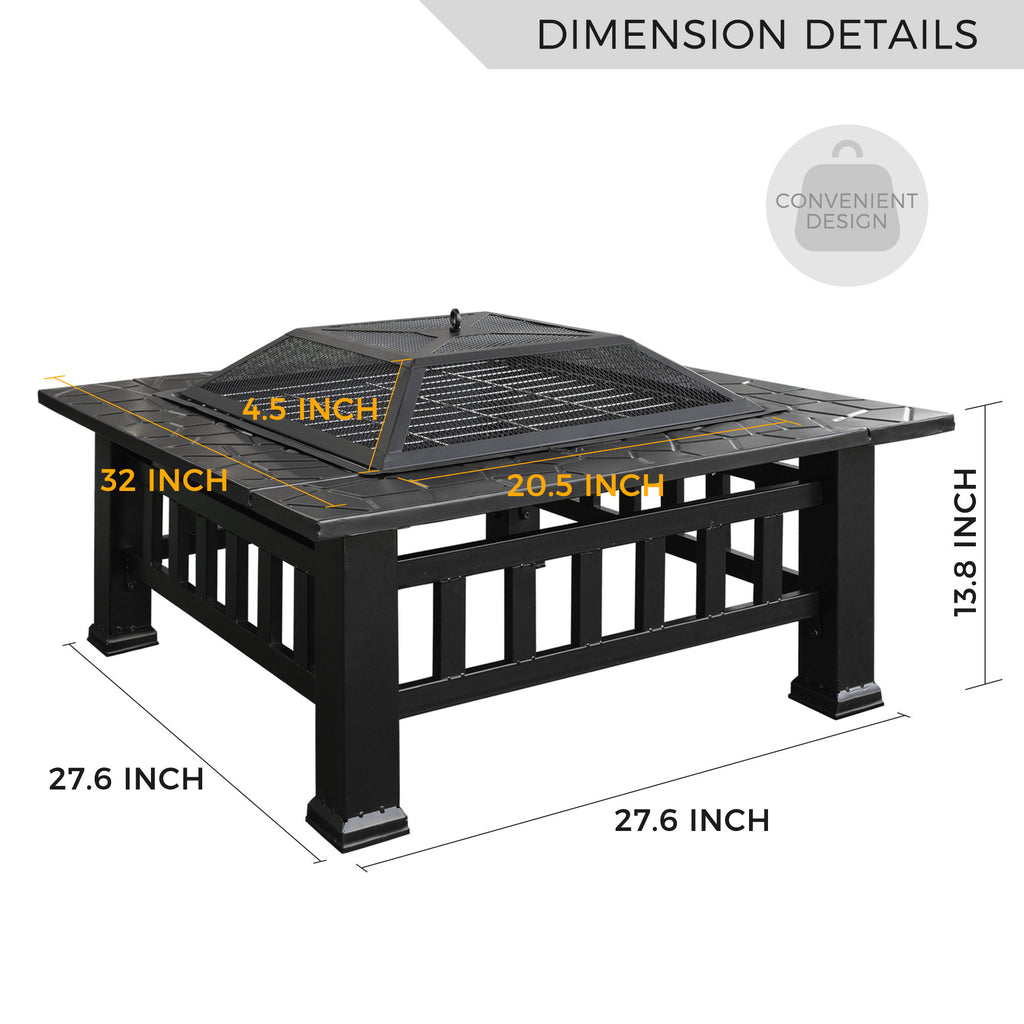 32in 3 in 1Multifunctional Fire Pit Table  Metal Square Patio Firepit Table BBQ Garden Stove with Spark Screen, Cover, Log Grate and Poker for Warmth, BBQ and Cooling Drinks XH - Deals Kiosk