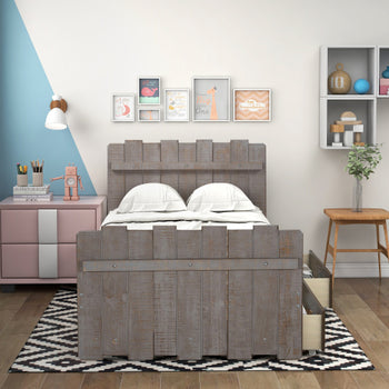 Twin Size Platform Bed with Drawers, Vintage Fence-shaped Headboard and Footboard, Rustic Style, Gray - Deals Kiosk