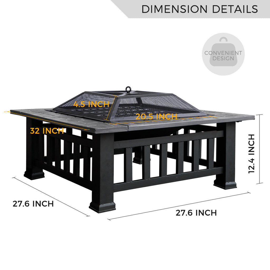 32in 3 in 1Multifunctional Fire Pit Table  Metal Square Patio Firepit Table BBQ Garden Stove with Spark Screen, Cover, Log Grate and Poker for Warmth, BBQ and Cooling Drinks XH - Deals Kiosk