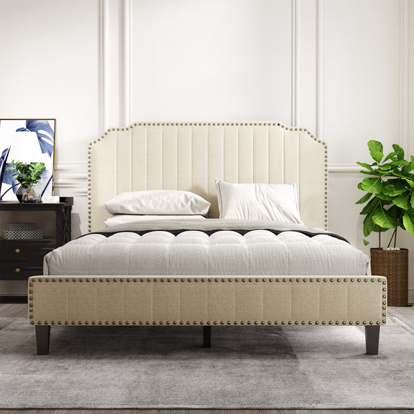 Pumpumly Modern Linen Curved Upholstered Platform Bed,Solid Wood Frame,Nailhead Trim (Queen) - Deals Kiosk
