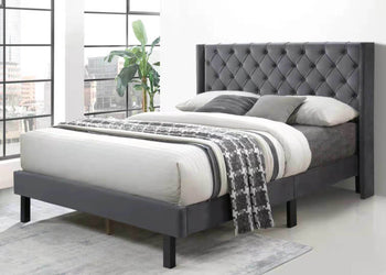 Linen Button Tufted-Upholstered Bed with Curve Design - Strong Wood Slat Support - Easy Assembly - Gray, Queen AL - Deals Kiosk