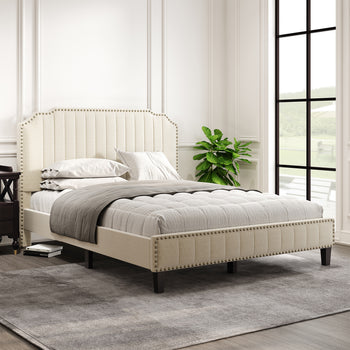 Pumpumly Modern Linen Curved Upholstered Platform Bed,Solid Wood Frame,Nailhead Trim (Queen) - Deals Kiosk