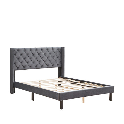 Linen Button Tufted-Upholstered Bed with Curve Design - Strong Wood Slat Support&nbsp;- Easy Assembly - Gray, Queen AL - Deals Kiosk