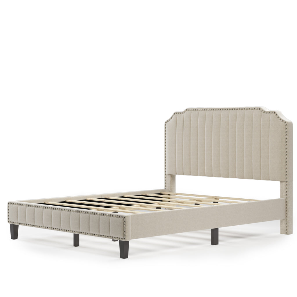 Pumpumly Modern Linen Curved Upholstered Platform Bed,Solid Wood Frame,Nailhead Trim (Queen) - Deals Kiosk