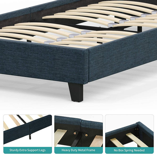 Upholstered Linen Twin Platform Bed - Blue Twin Bed Frame with Fabric Headboard - Mattress Foundation - Metal Frame with Wood Slat Support - Twin / Blue RT - Deals Kiosk