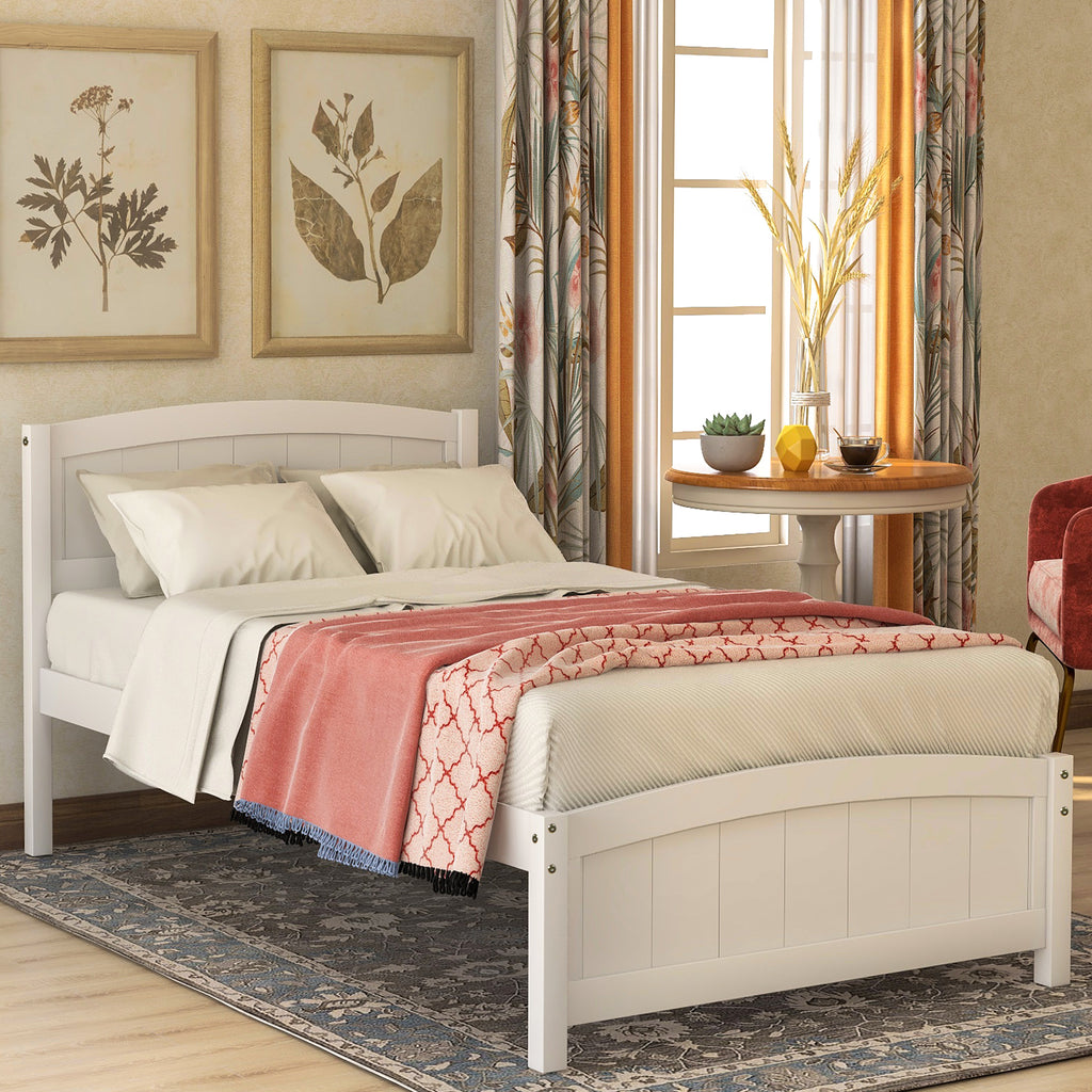 Wood Platform Bed with Headboard, Footboard and Wood Slat Support, White RT - Deals Kiosk