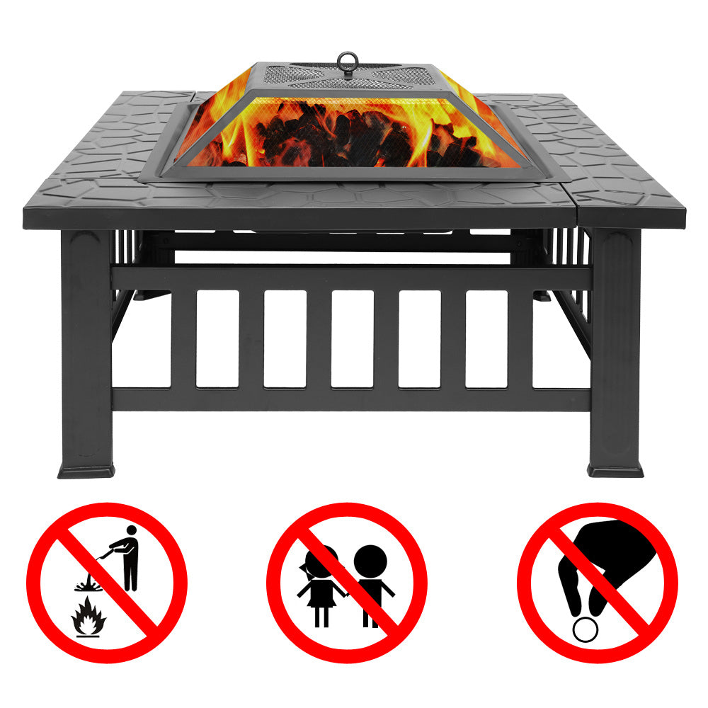 32 Inch Heavy Duty 3 in 1 Metal Square Patio Firepit Table BBQ Garden Stove with Spark Screen Cover Log Grate and Poker for Outside Wood Burning and Drink Cooling - Deals Kiosk