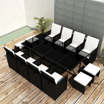 13 Piece Outdoor Dining Set with Cushions Poly Rattan Black - Deals Kiosk