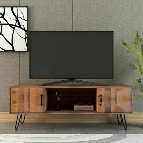 TV Media Stand, 60 inch Wide , Modern Industrial, Living Room Entertainment Center, Storage Shelves and Cabinets, for Flat Screen TVs up to 65 inches in Natural - Deals Kiosk