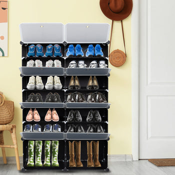 7-Tier Portable 28 Pair Shoe Rack Organizer 14 Grids Tower Shelf Storage Cabinet Stand Expandable for Heels, Boots, Slippers, Black RT - Deals Kiosk