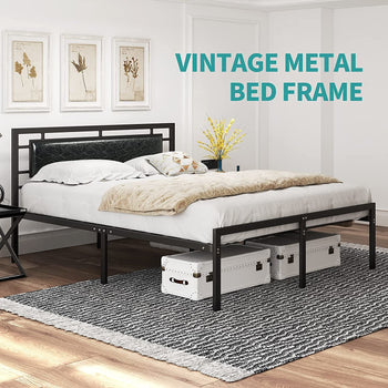 mecor Queen Bed Frame with Black Faux Leather Headboard, Vintage Metal Platform Mattress Foundation, Strong Metal Slats Support, No Box Spring Needed - Black / Queen--YS - Deals Kiosk