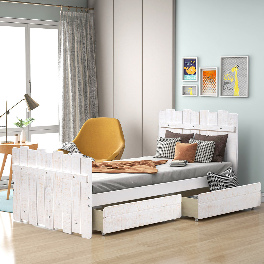 twin size platform bed with Drawers, Vintage Fence-shaped Headboard and Footboard, Rustic Style, White - Deals Kiosk