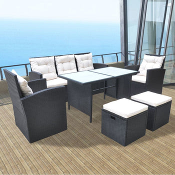 6 Piece Outdoor Dining Set with Cushions Poly Rattan Black - Deals Kiosk