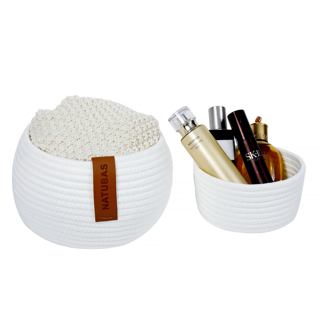 Baby White Woven Cotton Rope Basket, 2 Pieces Small Decorative Toy Storage Baskets for Gifts Empty - Deals Kiosk