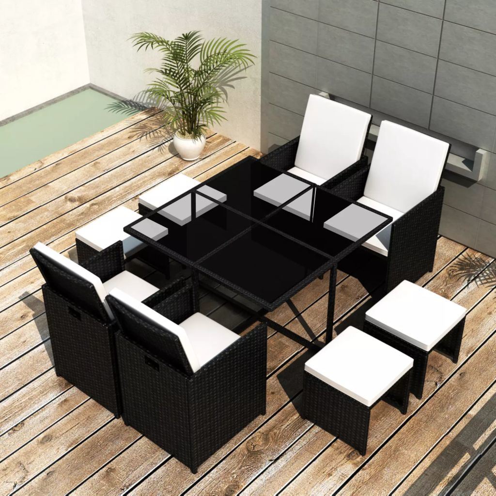 9 Piece Outdoor Dining Set with Cushions Poly Rattan Black - Deals Kiosk