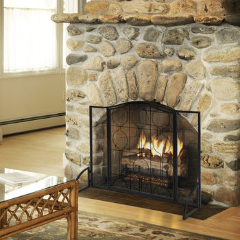 40x29in Mesh Fireplace Screen with Single Door, Wrought Iron Panel Fire Spark Guard Gate Safety Protector (Black) - Deals Kiosk