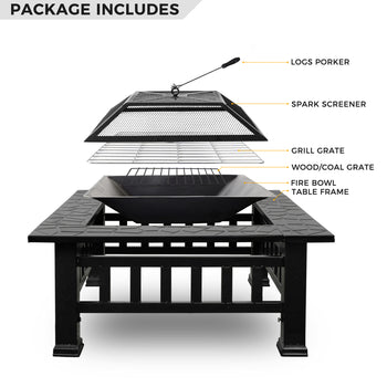 32in 3 in 1Multifunctional Fire Pit Table  Metal Square Patio Firepit Table BBQ Garden Stove with Spark Screen, Cover, Log Grate and Poker for Warmth, BBQ and Cooling Drinks XH - Deals Kiosk