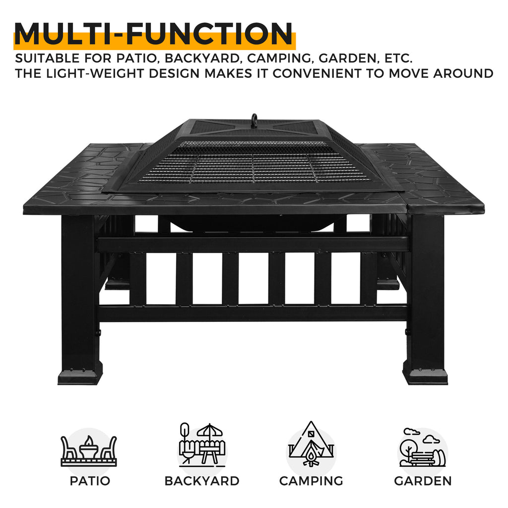 32in 3 in 1Multifunctional Fire Pit Table  Metal Square Patio Firepit Table BBQ Garden Stove with Spark Screen, Cover, Log Grate and Poker for Warmth, BBQ and Cooling Drinks XH - Deals Kiosk