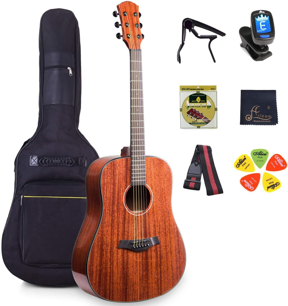 WINZZ 41 Inches Full Size Solid Top Dreadnought Mahogany Acoustic Guitar with Full Kit - Deals Kiosk