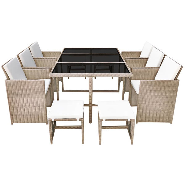 11 Piece Outdoor Dining Set with Cushions Poly Rattan Beige - Deals Kiosk