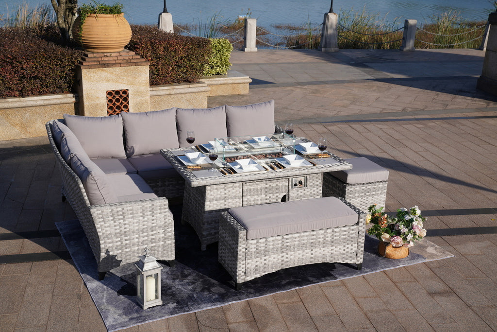 5-Piece Gray Wicker Outdoor Conversational Sofa Set with Fire Pit Table and Ottoman - Deals Kiosk