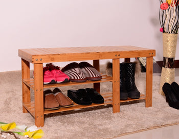 90cm Strip Pattern Tiers Bamboo Stool Shoe Rack with Boots Compartment RT - Deals Kiosk
