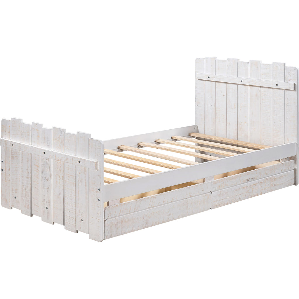 twin size platform bed with Drawers, Vintage Fence-shaped Headboard and Footboard, Rustic Style, White - Deals Kiosk