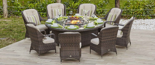 Turnbury Outdoor 9 Piece Patio Wicker Gas Fire Pit Set Round Table With Arm Chairs by Direct Wicker - Deals Kiosk