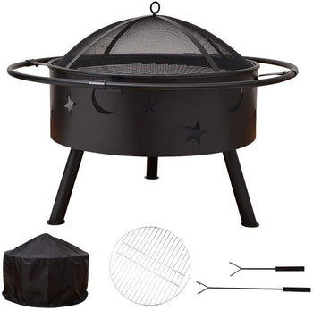 [DO NOT SOLD ON AMAZON]Outdoor Wood Burning Large Fireplace, 32 Inch Steel Round Firepit Bowl with BBQ Grill, Cooking Grate, Spark Screen, Fire Poker, Cover, Portable Fire Pit for Outside - Deals Kiosk