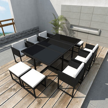 11 Piece Outdoor Dining Set with Cushions Poly Rattan Black - Deals Kiosk