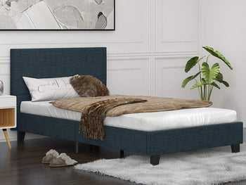 Upholstered Linen Twin Platform Bed - Blue Twin Bed Frame with Fabric Headboard - Mattress Foundation - Metal Frame with Wood Slat Support - Twin / Blue RT - Deals Kiosk