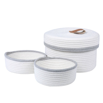 White Woven Cotton Rope Basket with Lid, 3 Pieces Decorative Toy Storage Baskets Shelf Basket - Deals Kiosk