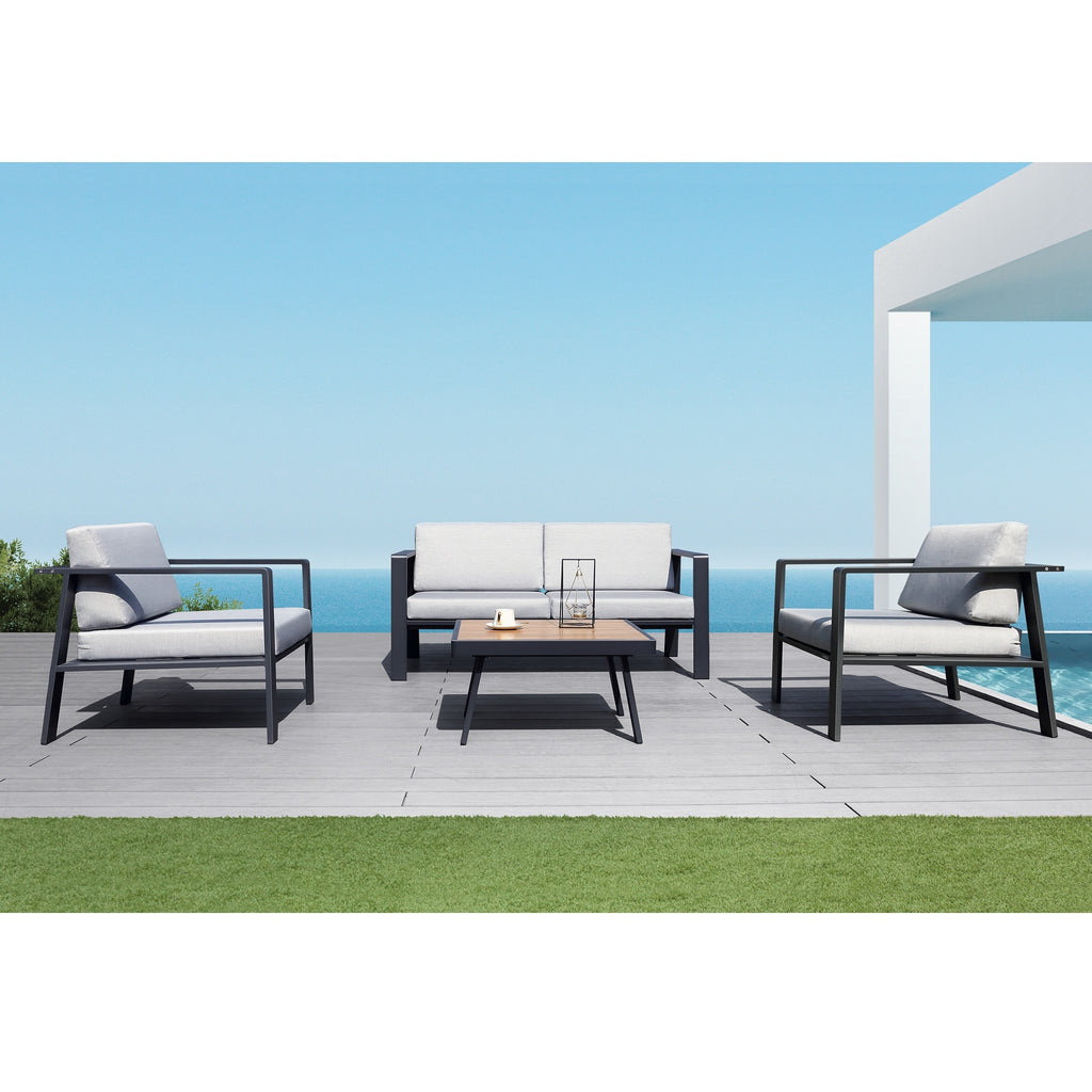 Higold 3801 Pro Nofi Patio Furniture, 4 Pieces Outdoor Conversation Set with Loveseat, Grey Seat Cushions, Matte Charcoal AluminumFrame, Imitated Teak Aluminum Tabletop - Deals Kiosk