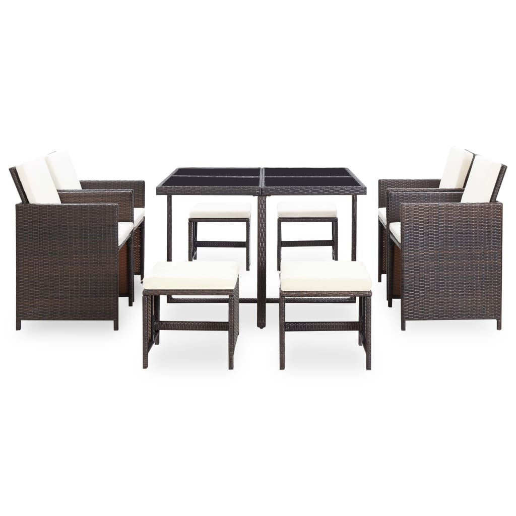 9 Piece Outdoor Dining Set with Cushions Poly Rattan Brown - Deals Kiosk