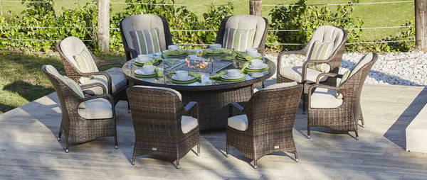 Turnbury Outdoor 9 Piece Patio Wicker Gas Fire Pit Set Round Table With Arm Chairs by Direct Wicker - Deals Kiosk