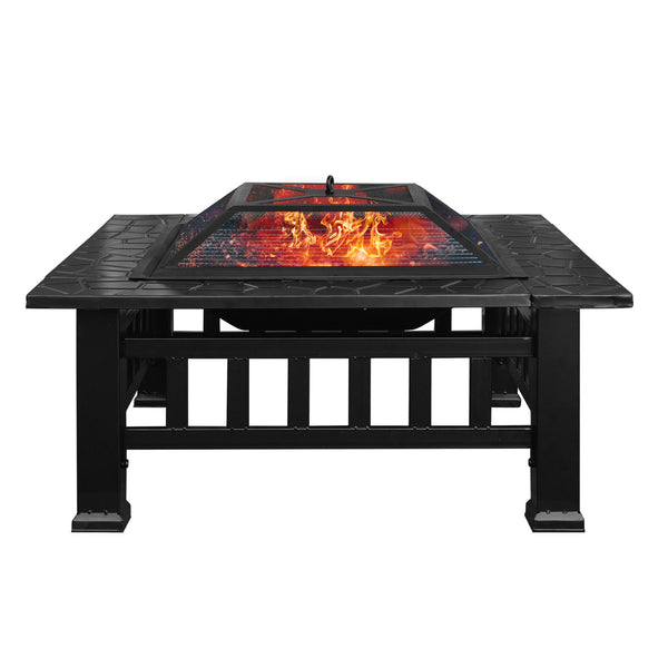 32in 3 in 1Multifunctional Fire Pit Table  Metal Square Patio Firepit Table BBQ Garden Stove with Spark Screen, Cover, Log Grate and Poker for Warmth, BBQ and Cooling Drinks XH - Deals Kiosk