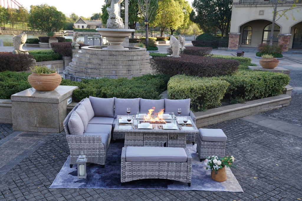 5-Piece Gray Wicker Outdoor Conversational Sofa Set with Fire Pit Table and Ottoman - Deals Kiosk