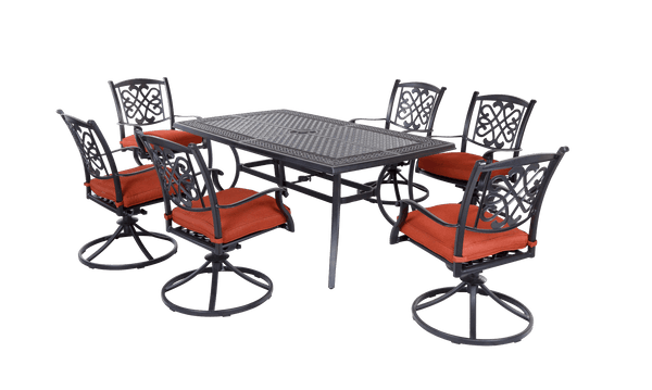Dining Set 7pcs Set w/ Cast Alum. Top Table & Sling Fabric Swivel Rocker Chair - Deals Kiosk