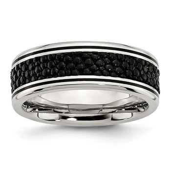 Men's Stainless Steel Polished Grooved/Black IP-plated Textured 8mm Ring - Deals Kiosk