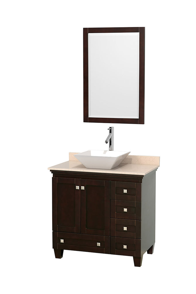 36" Single Bathroom Vanity in Espresso, Ivory Marble Countertop, Pyra White Porcelain Sink, and 24" Mirror - Deals Kiosk