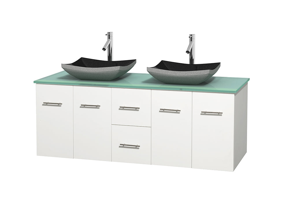 60" Double Bathroom Vanity in White, Green Glass Countertop, Altair Black Granite Sinks, and No Mirror - Deals Kiosk
