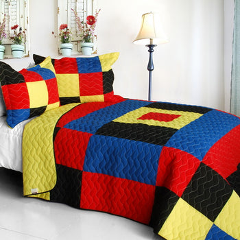 [Night Lights] 3PC Vermicelli-Quilted Patchwork Quilt Set (Full/Queen Size) - Deals Kiosk